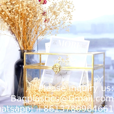 Glazen trouwkaartdoos met slot, heldere kaartdoos Goud Messing cadeaubestanddoos Perfect voor trouwfeesten