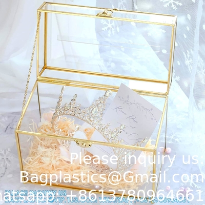 Glazen trouwkaartdoos met slot, heldere kaartdoos Goud Messing cadeaubestanddoos Perfect voor trouwfeesten