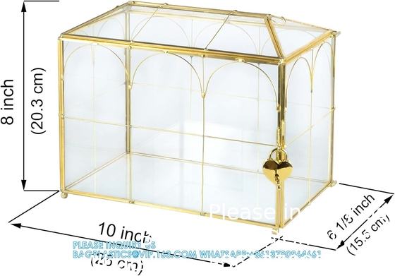 Glazen trouwkaartdoos met slot, grote heldere kaartdoos Goud Messing cadeaubestanddoos met slot voor de bruiloft