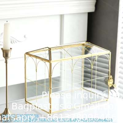 Glazen trouwkaartdoos met slot, grote heldere kaartdoos Goud Messing cadeaubestanddoos met slot voor de bruiloft