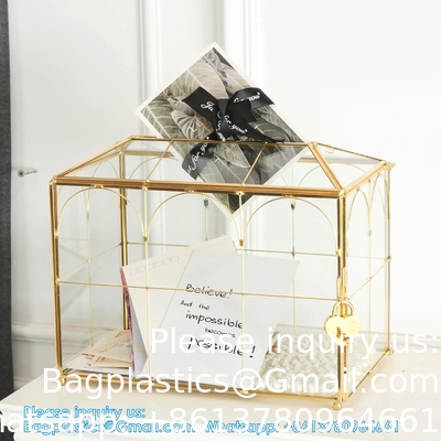 Glazen trouwkaartdoos met slot, grote heldere kaartdoos Goud Messing cadeaubestanddoos met slot voor de bruiloft
