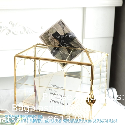 Glazen trouwkaartdoos met slot, grote heldere kaartdoos Goud Messing cadeaubestanddoos met slot voor de bruiloft