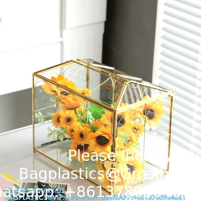 Glazen trouwkaartdoos met slot, grote heldere kaartdoos Goud Messing cadeaubestanddoos met slot voor de bruiloft