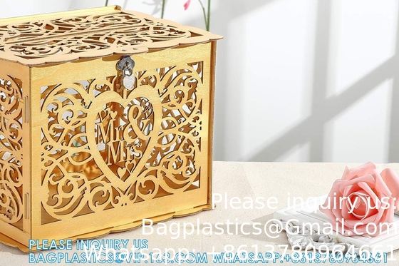 Huwelijksgelddooshouder met bord, grote rustieke houten houten zelfgemaakte envelop geschenkkaart schaduwdozen met slot slot