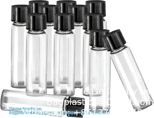 Glazen flacons met schroefdoppen, flessen met een heldere vloeistofmonster, flacons voor het opslaan van essentiële oliën, parfum