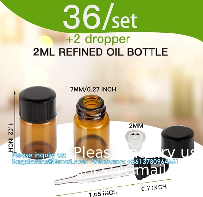 Olieflessen voor essentiële oliën, 36 stuks 2 ml (5/8 drams) Amber glasflessen Flessen, orifice reducers en zwarte doppen