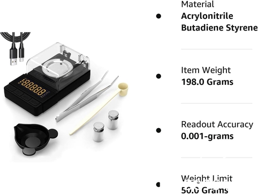 Digitale milligramschaal 50g/0.001g, Compacte Mg-schaal met 20g kalibratiegewicht en accessoires, zwarte poederschaal