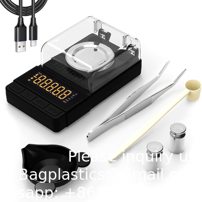 Digitale milligramschaal 50g/0.001g, Compacte Mg-schaal met 20g kalibratiegewicht en accessoires, zwarte poederschaal