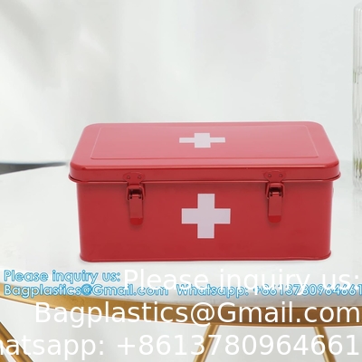 EHBO-doos, EHBO-kit, voorraadbak, metaal-medicinale opslagblik, lege EHBO-doos met veiligheidslot