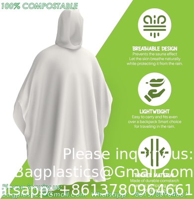 100% op planten gebaseerd, composteerbaar, biologisch afbreekbaar, maïszetmeel, recycleerbaar, gerecycled regen ponchos met kap volwassenen